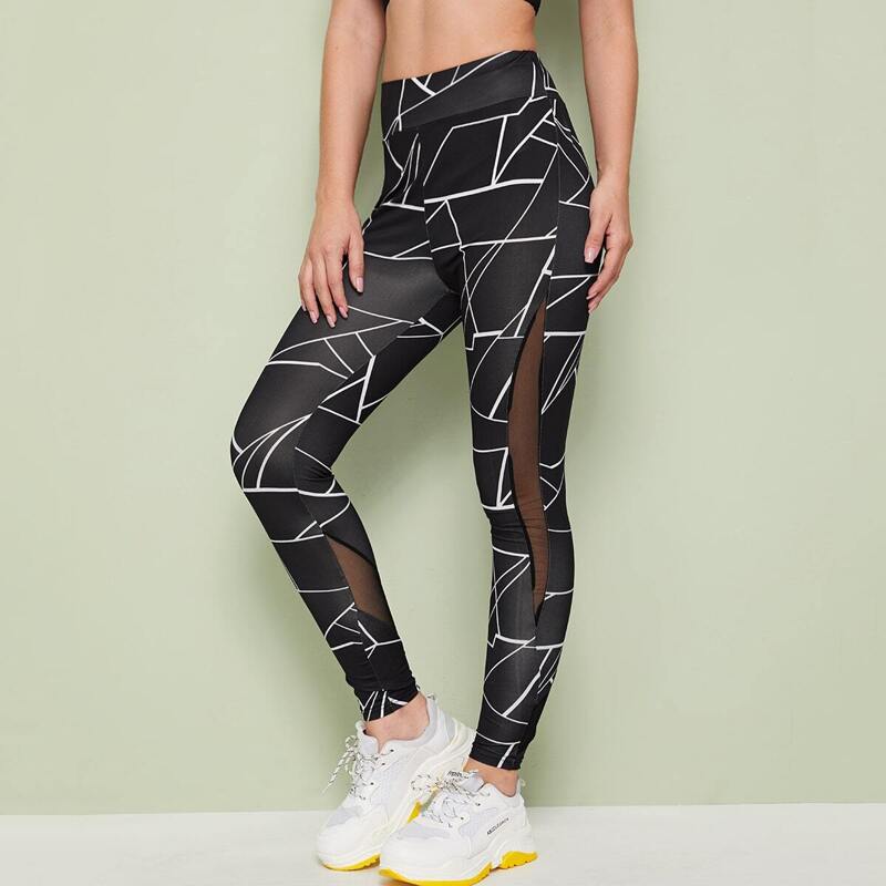 

Contrast Mesh Geo Print Leggings, Black