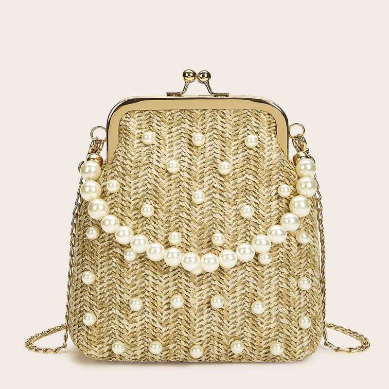 

Kiss Lock Faux Pearl Decor Woven Clutch Bag, Khaki