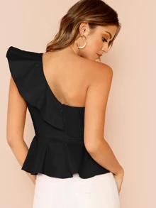 SHEIN Privé One Shoulder Ruffle Trim Peplum Blouse - Black - View 2
