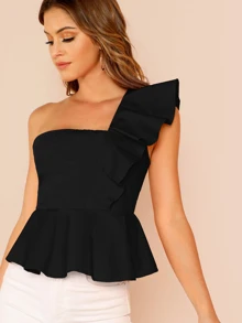 SHEIN Privé One Shoulder Ruffle Trim Peplum Blouse - Black - View 5
