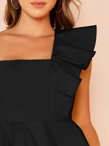SHEIN Privé One Shoulder Ruffle Trim Peplum Blouse - Black - View 4