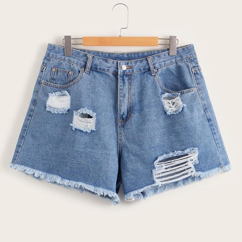 

Plus Ripped Raw Hem Denim Shorts, Blue