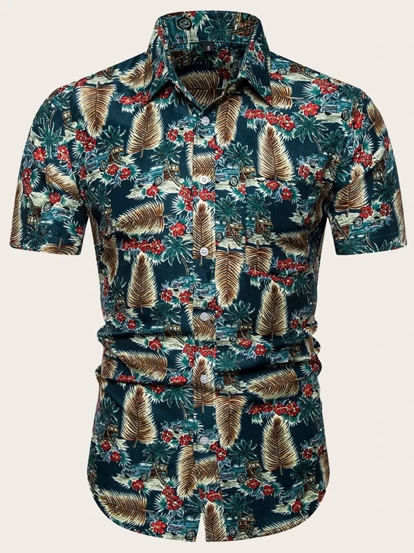Camisa hawaiana de hombres con estampado tropical | ROMWE Camisa hawaiana de hombres de cuello revere | ROMWE