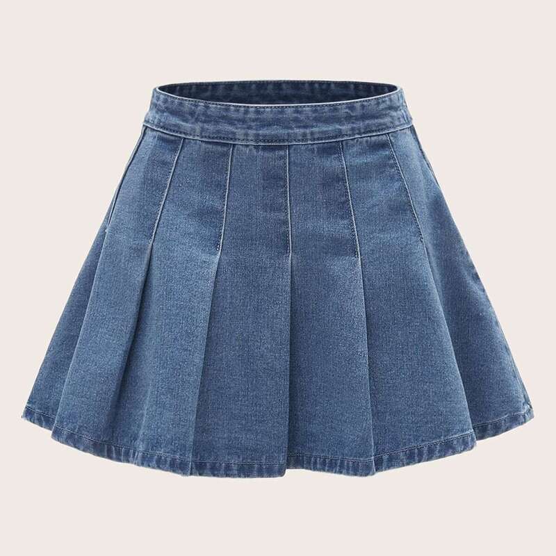 

Plus Pleated Flared Denim Skirt, Blue