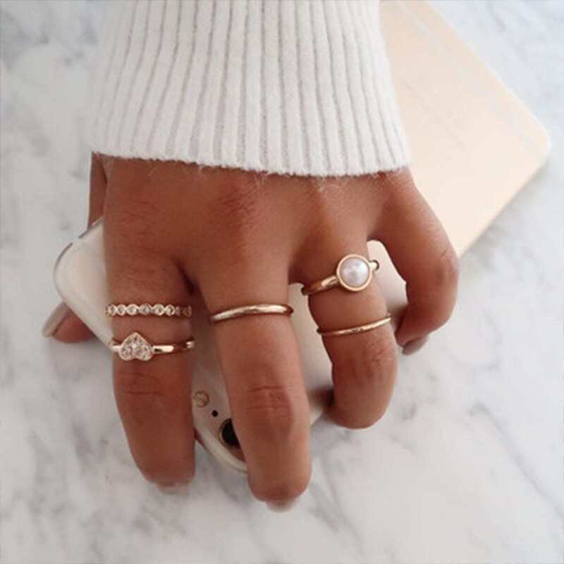 

Rhinestone & Faux Pearl Decor Ring Set 4pcs, Gold