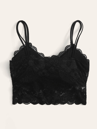 Women's Romantic French Black Lace Scallop Bralette Lingerie Bra With Medium Stretch Fabric