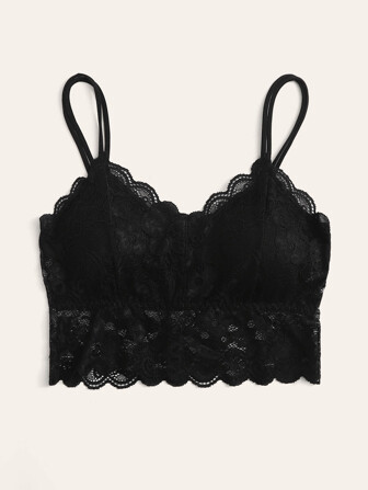 Women's Romantic French Black Lace Scallop Bralette Lingerie Bra With Medium Stretch Fabric