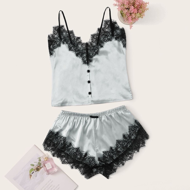 

Floral Lace Satin Cami PJ Set, Grey
