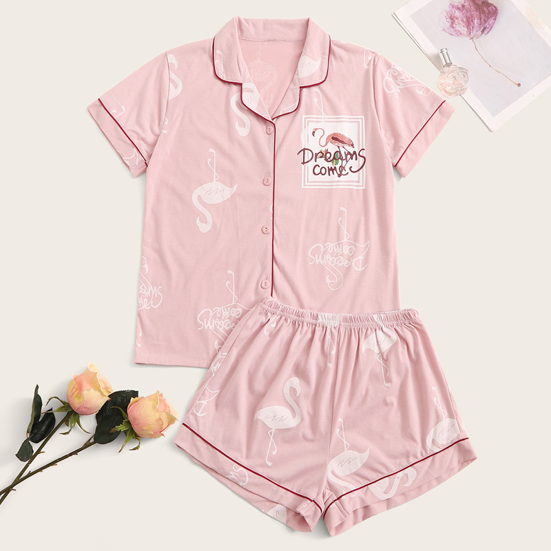 

Flamingo Print Button-up PJ Set, Pink
