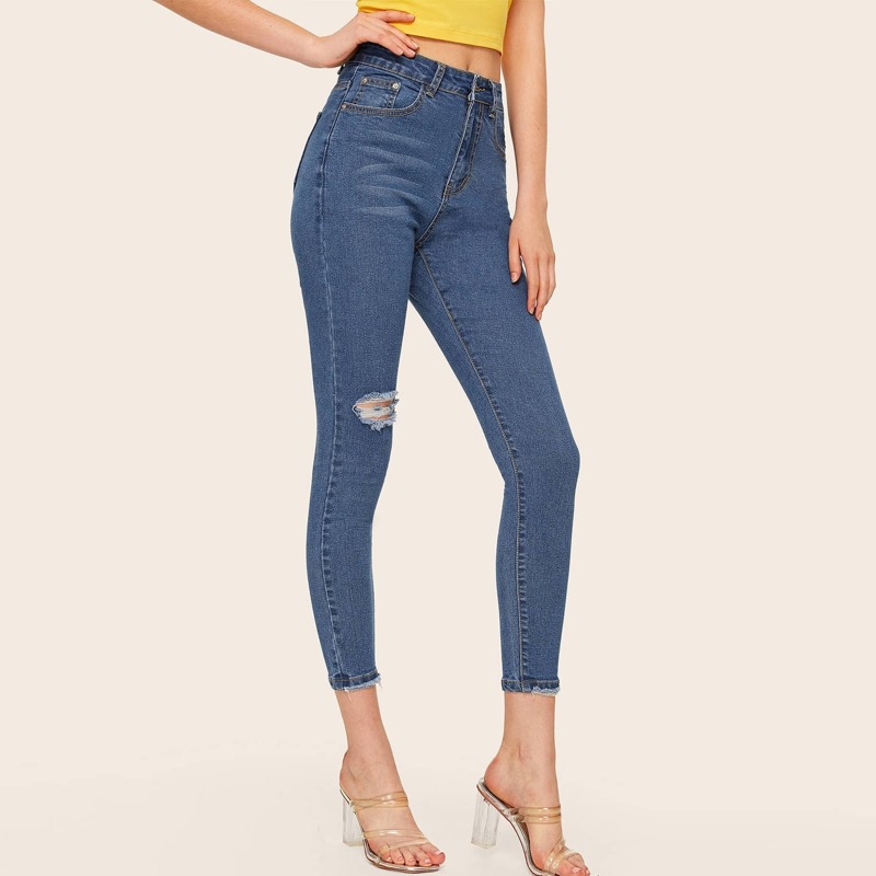 

Ripped Detail Skinny Crop Jeans, Blue