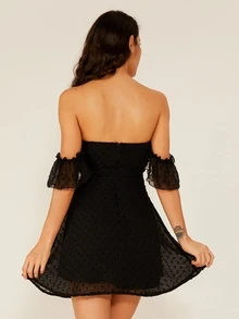 Double Crazy Bardot Swiss Dot Frill Drawstring Detail Dress - Black - View 2