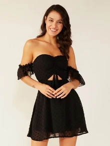 Double Crazy Bardot Swiss Dot Frill Drawstring Detail Dress - Black - View 3