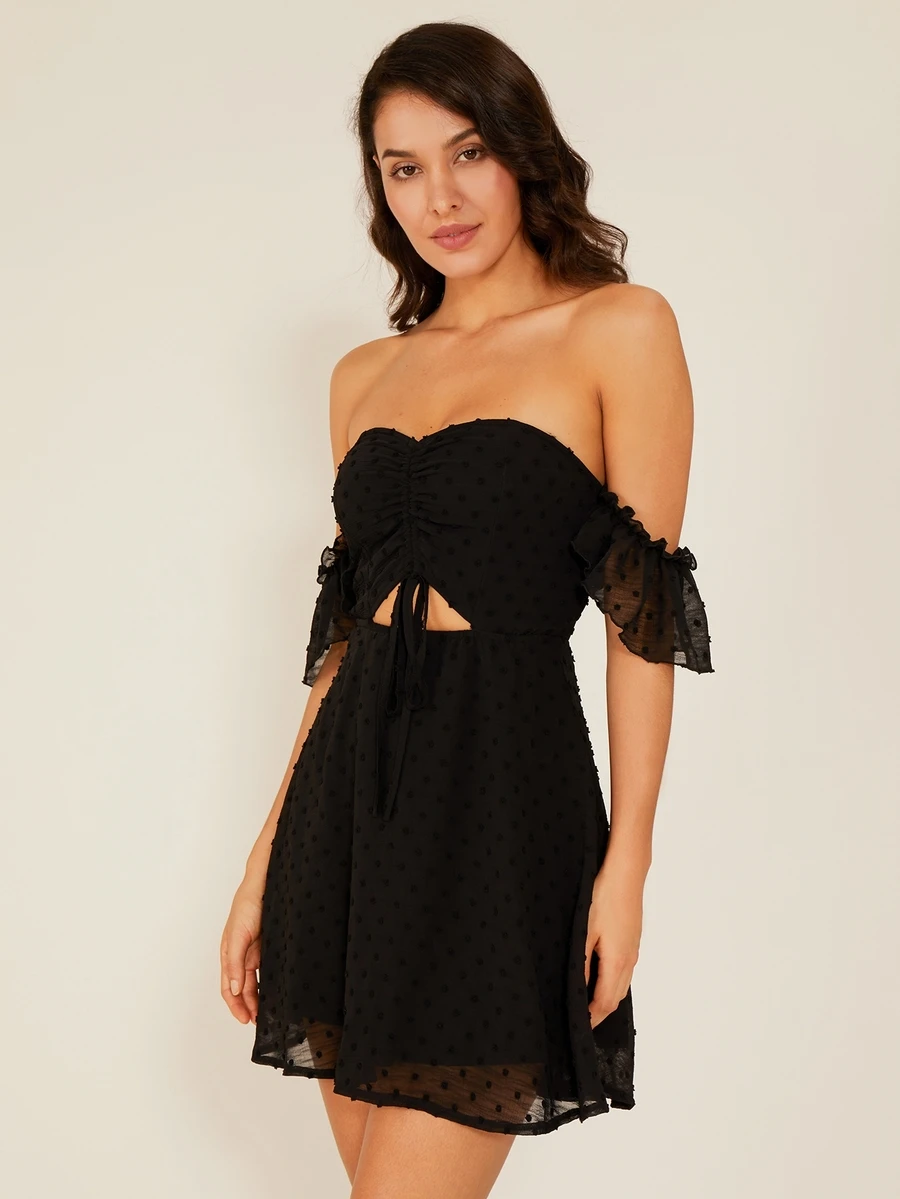 Double Crazy Bardot Swiss Dot Frill Drawstring Detail Dress - Black - View 1