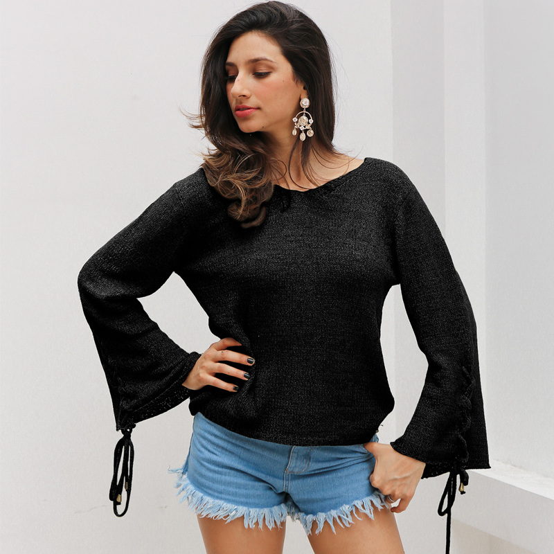 

Simplee Solid Lace Up Detail Sweater, Black