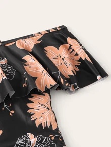 Tropical Tankini Set Off Shoulder Ruffle Top & High Waisted Bottom With Detachable Strap 2 Piece Bathing Suit - Black - View 3