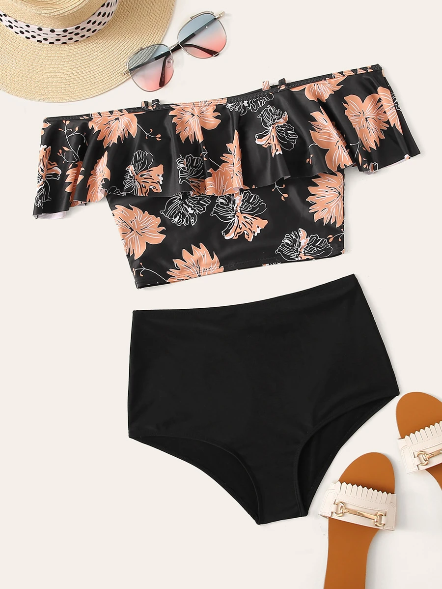 Tropical Tankini Set Off Shoulder Ruffle Top & High Waisted Bottom With Detachable Strap 2 Piece Bathing Suit - Black - View 1