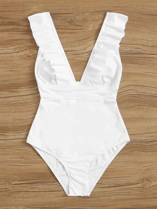SHEIN Swim Bañador una pieza con cordón ribete fruncido - Blanco - Ver 5