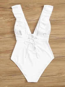SHEIN Swim Bañador una pieza con cordón ribete fruncido - Blanco - Ver 2
