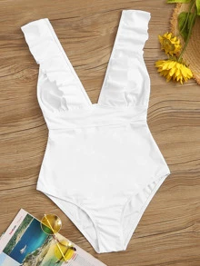 SHEIN Swim Bañador una pieza con cordón ribete fruncido - Blanco - Ver 1