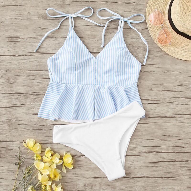 

Striped Tie Shoulder Ruffle Hem Tankini Set, Multicolor