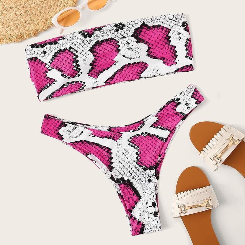 

Snakeskin Bandeau With High Cut Bikini Set, Multicolor