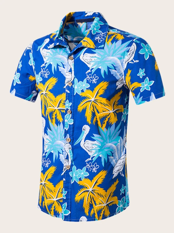 Camisa hawaiana de hombres con estampado de hoja | ROMWE Camisa hawaiana de hombres de cuello revere | ROMWE
