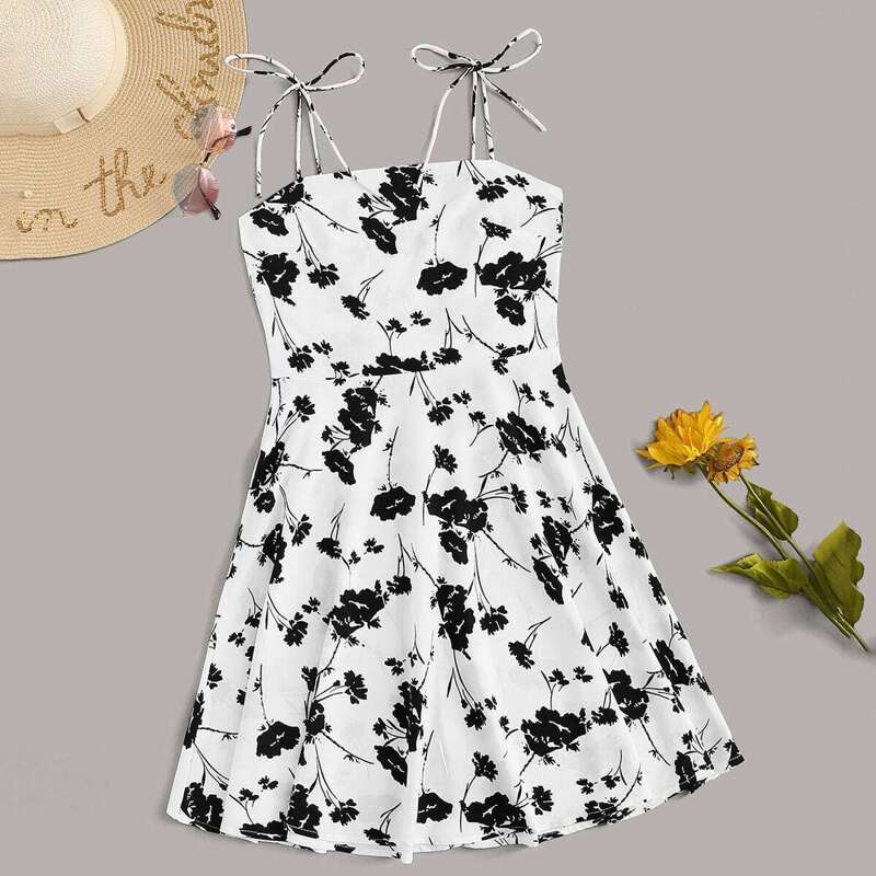 

Floral Print Flare Swing Slip Dress, Black and white