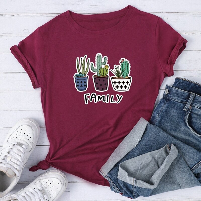 

Cactus & Letter Print Short Sleeve Tee, Burgundy
