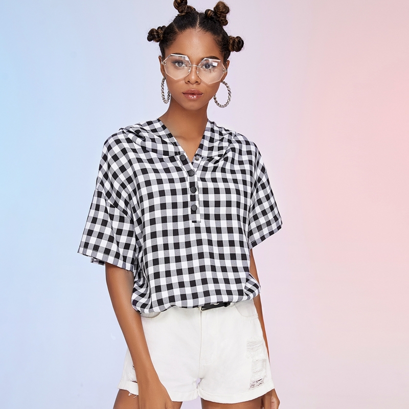 

Gingham Print Half Button Hooded Blouse, Black and white