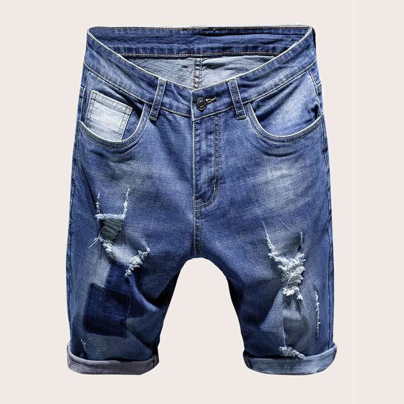 

Guys Button Waist Ripped Denim Shorts, Blue