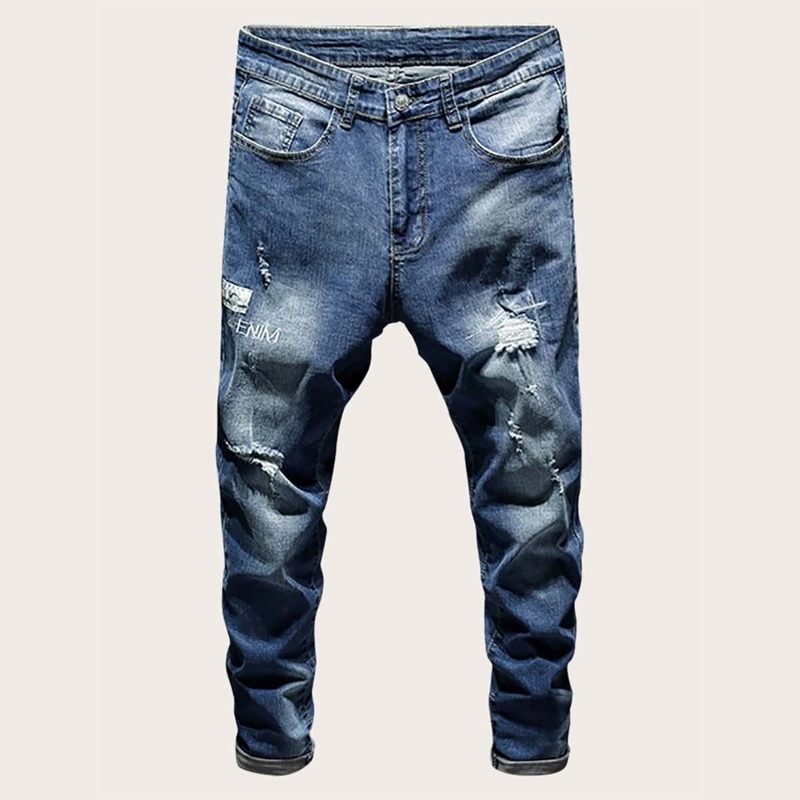 

Guys Button Waist Ripped Washed Jeans, Blue