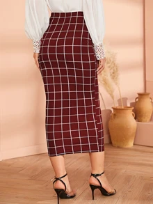 Mulvari High Waist Grid Bodycon Skirt - Burgundy - View 2