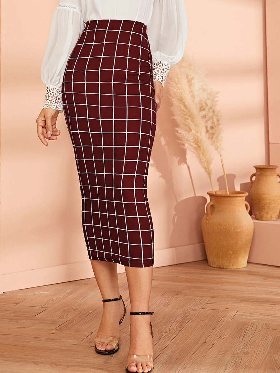 Mulvari High Waist Grid Bodycon Skirt - Burgundy - View 1
