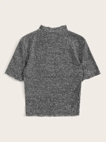 SHEIN EZwear 小高領褶邊羅紋雜灰色上衣 - 灰色 - 查看 2