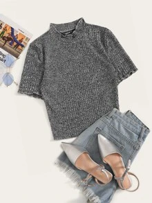 SHEIN EZwear 小高領褶邊羅紋雜灰色上衣 - 灰色 - 查看 1