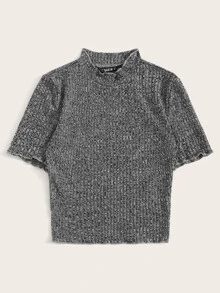 SHEIN EZwear 小高領褶邊羅紋雜灰色上衣 - 灰色 - 查看 5