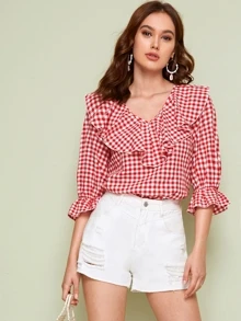 SHEIN Top de guingán ribete fruncido escote V - Rojo - Ver 4