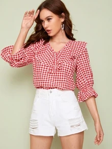 SHEIN Top de guingán ribete fruncido escote V - Rojo - Ver 5