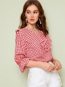 SHEIN Top de guingán ribete fruncido escote V - Rojo - Ver 6