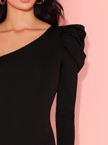 SHEIN BAE One Shoulder Puff Sleeve Fitted Bodysuit - Black - View 4