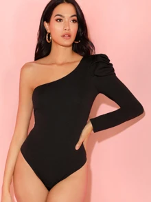 SHEIN BAE One Shoulder Puff Sleeve Fitted Bodysuit - Black - View 1