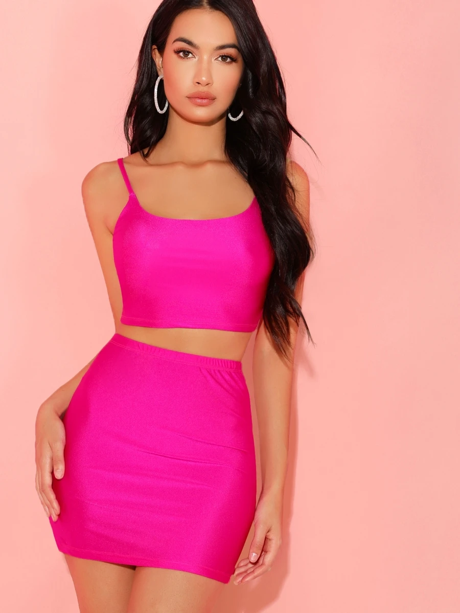 SHEIN Neon Pink Cami Crop Top & Skirt Set - Hot Pink - View 1