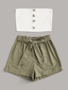 Top tubo con botón delantero con shorts con cinturón - Multicolor - Ver 3