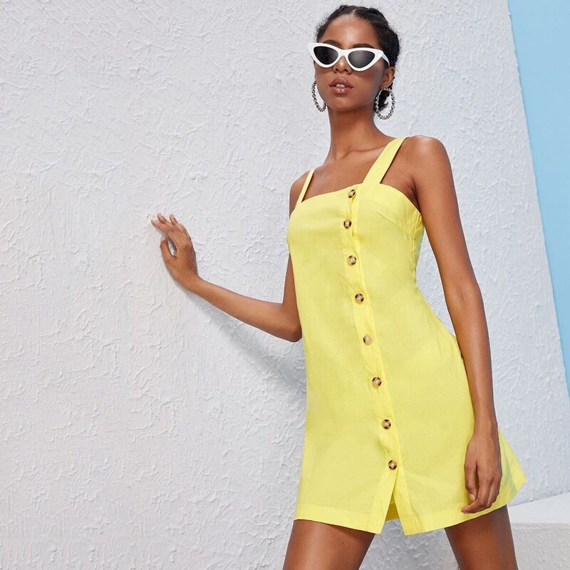 

Solid Button Front Straps Dress, Yellow