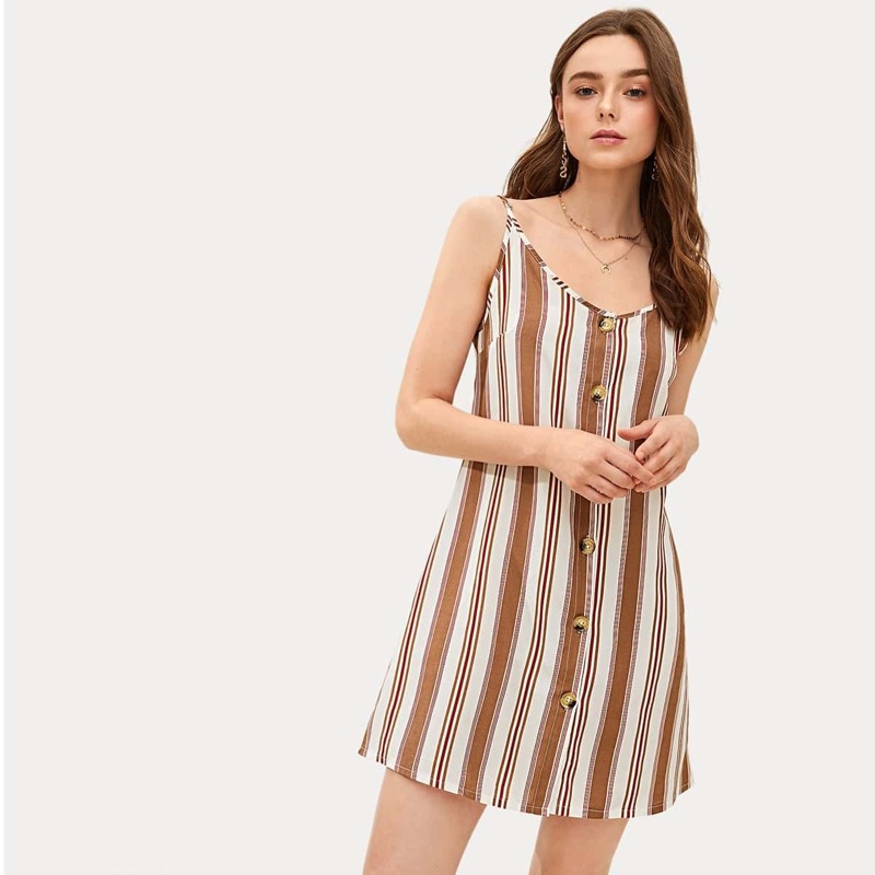 

Striped Print Button Front Cami Dress, Multicolor