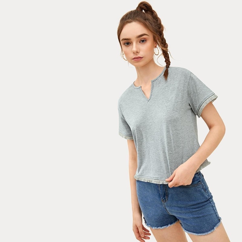 

Fringe Hem Notch Neck Tee, Grey