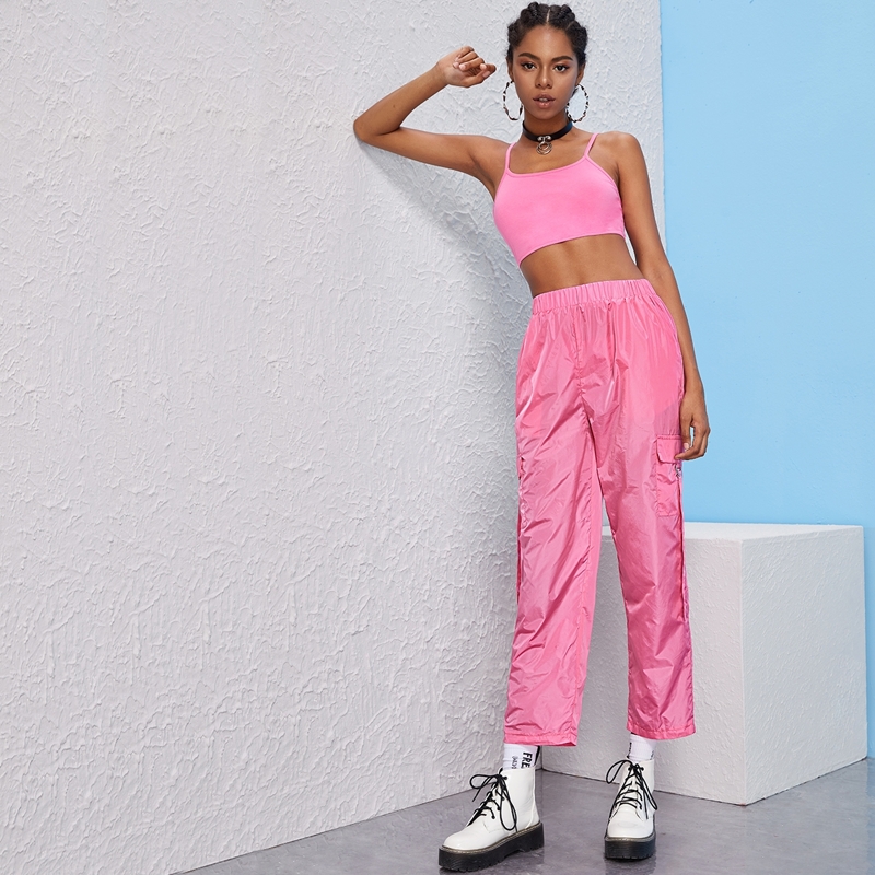 

Solid Cami Top With Windbreaker Cargo Pants, Pink