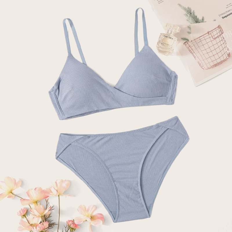 

Rib Adjustable Strap Lingerie Set, Blue