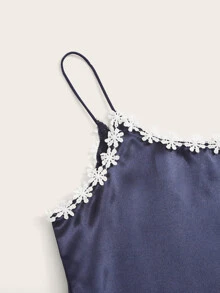 Floral Crochet Trim Satin Cami PJ Set - Navy Blue - View 4