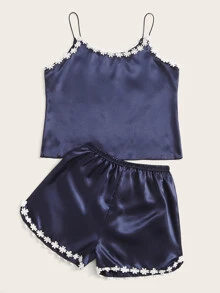 Floral Crochet Trim Satin Cami PJ Set - Navy Blue - View 3